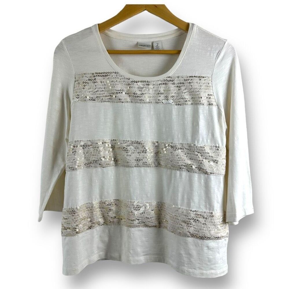 Zenergy Chicos Women's 2 Sequin Lace Panel 3/4 Sleeve Top Cream Elevated Basic